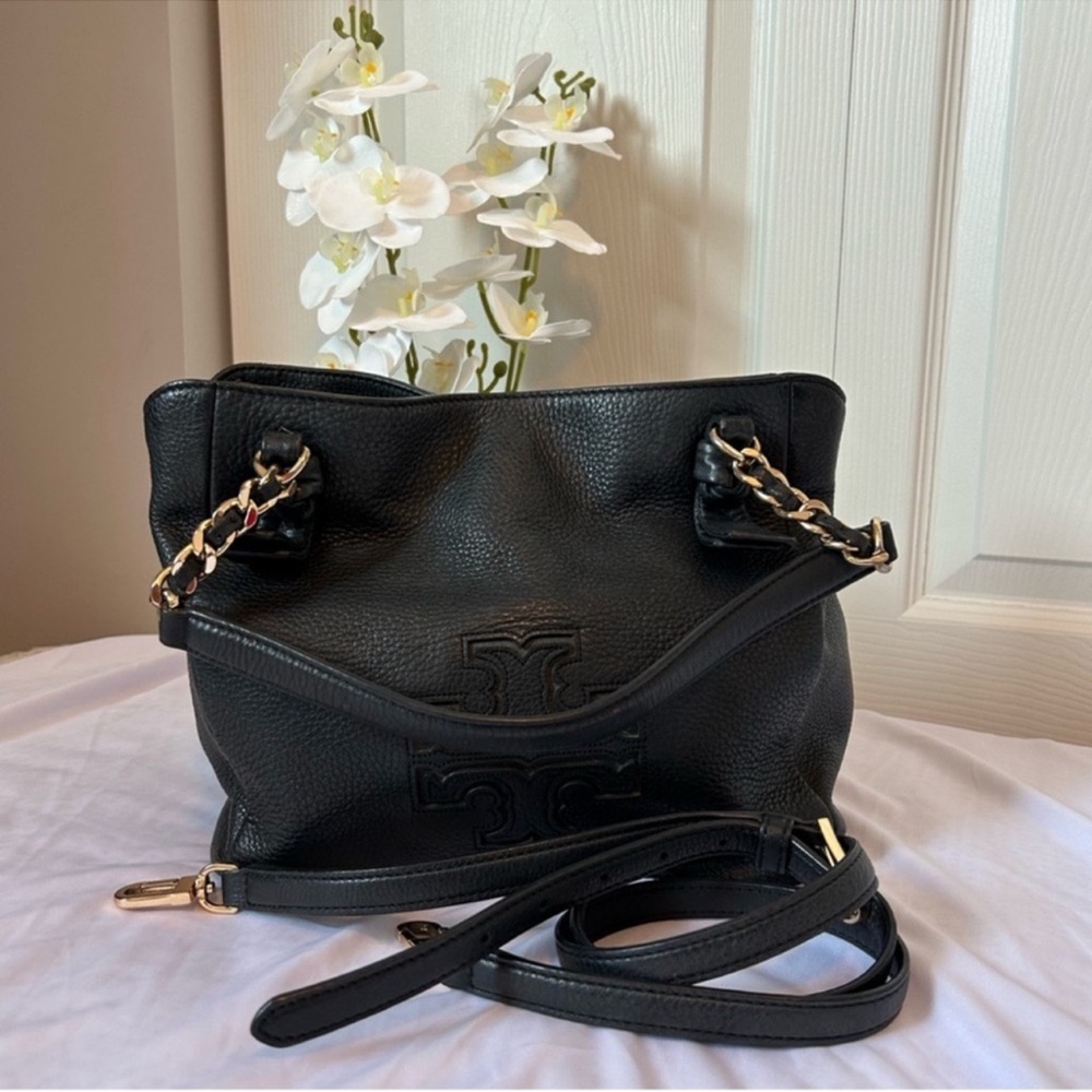 Tory Burch Black Leather Shoulder Bag with Gold Chain Accents